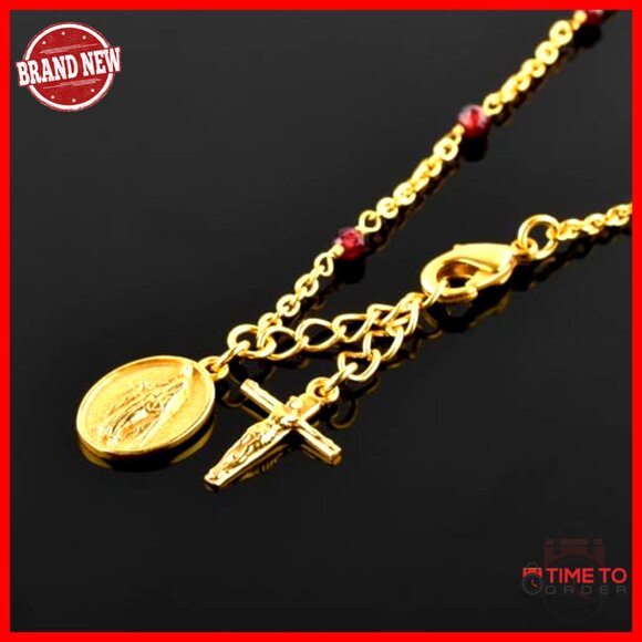 Faceted Garnet Bracelet 18K Gold Plated Lobster Clasp Adjustable Faith Charm - Picture 4 of 7